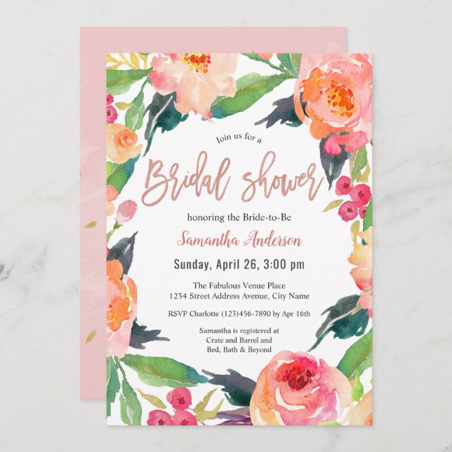 Convite Chá de panela Floral Vibrant Watercolor (Frente/Verso)