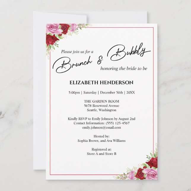 Convite Chá de panela Floral Watercolor Rosa Brunch (Frente)