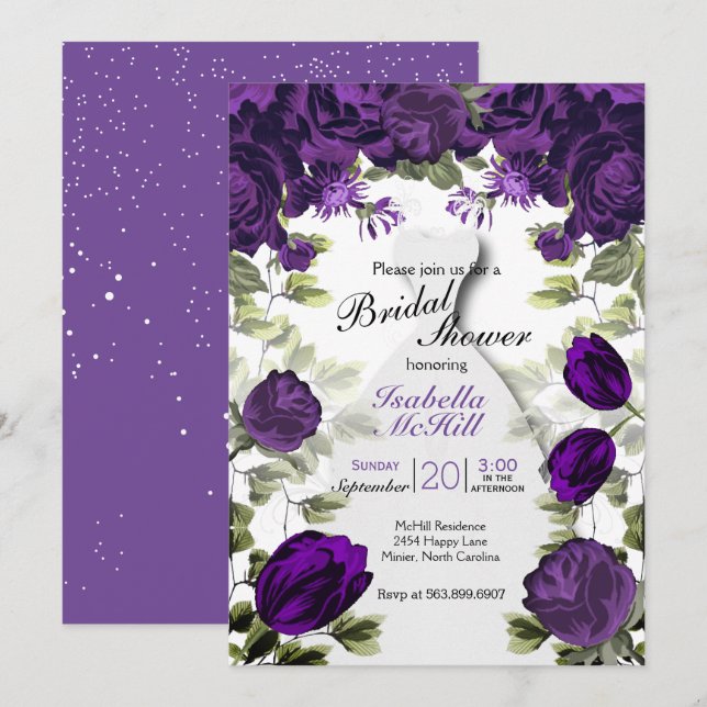 Convite Chá de panela - Flores Botânicas Púrpura De Pluma (Frente/Verso)