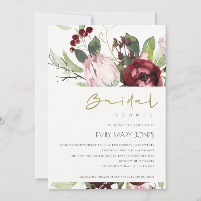 CONVITE CHÁ DE PANELA FLORORAL DE BURGUNDY DE PINCO BRUTO (Frente)