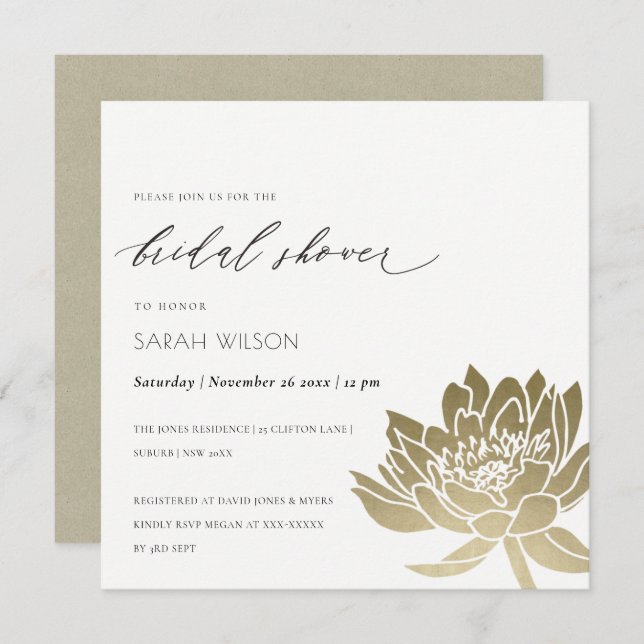 Convite Chá de panela FLORORAL DOURADO E GLAMOSO (Frente/Verso)