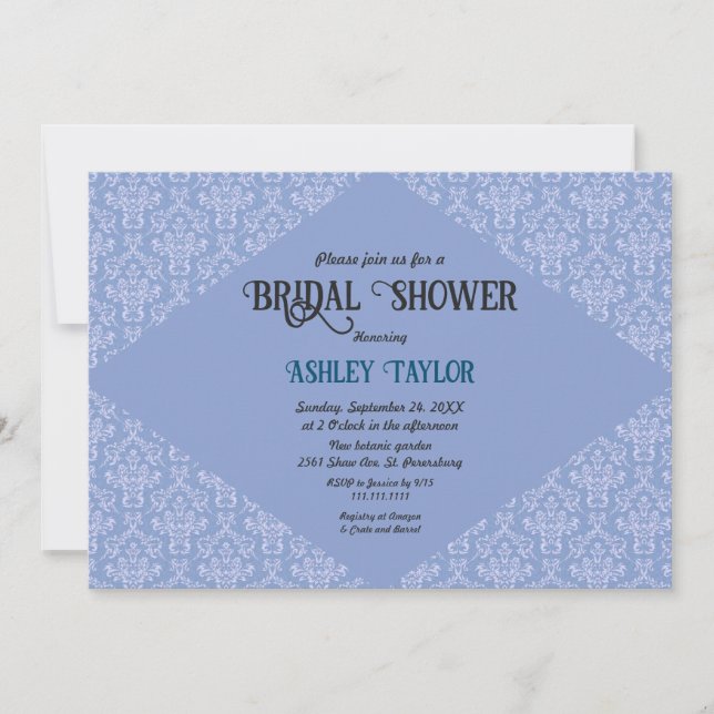 Convite Chá de panela Formal Elegante Blue Damask (Frente)