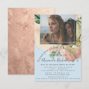 Convite Chá de panela Foto Floral Birthday Azul Peach