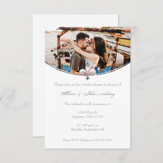 Convite Chá de panela Fotográfico Silver Fleur de Lis Conv (Frente/Verso)