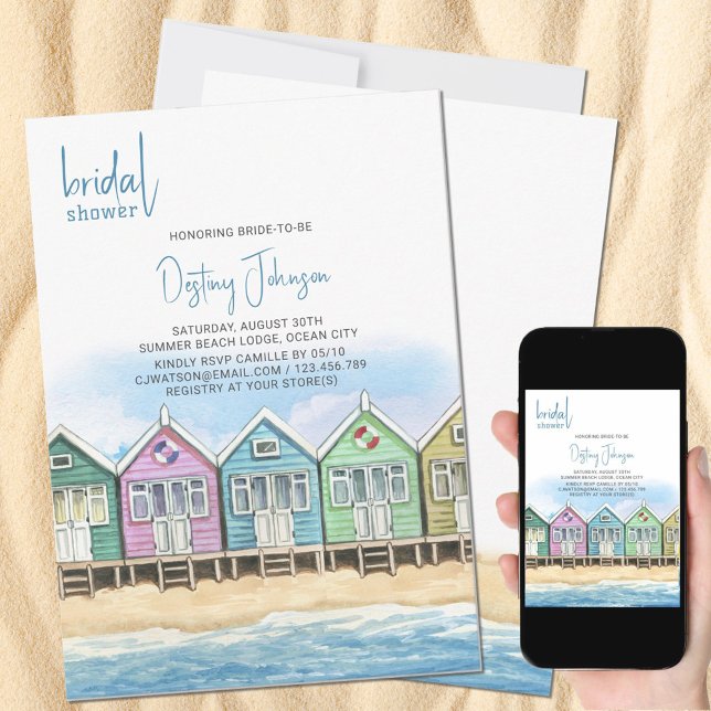 Convite Chá de panela frontal do Oceano de Aquarelas de Pr (Bridal Shower Invitation with colorful pastel beach huts on the beach)
