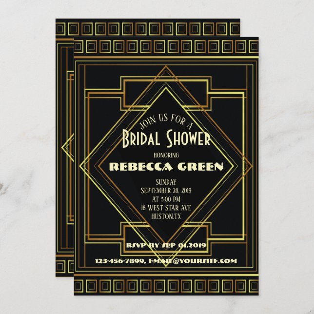 Convite Chá de panela Gatsby do Excelente de safra preto e (Frente/Verso)