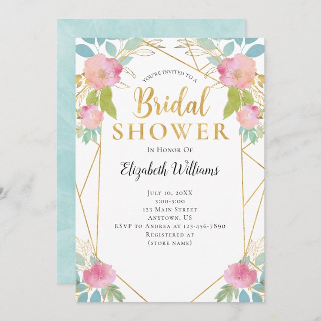 Convite Chá de panela Geométrico das Flores de Teto Rosa (Frente/Verso)