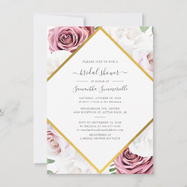 Convite Chá de panela Geométrico Dourado Floral (Frente)