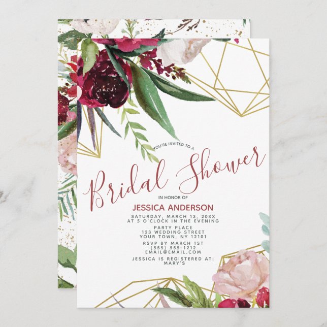 Convite Chá de panela Geométrico Dourado Floral Burgundy (Frente/Verso)