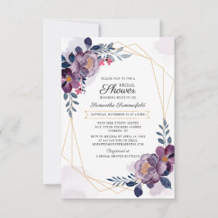 Convite Chá de panela Geométrico Dourado Floral Roxo Mod