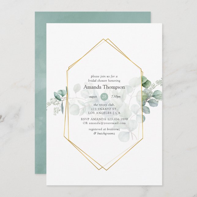 Convite Chá de panela Geométrico Eucalyptus (Frente/Verso)