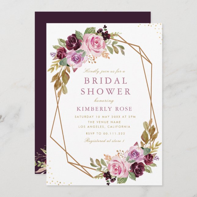 Convite chá de panela geométrico floral roxo (Frente/Verso)