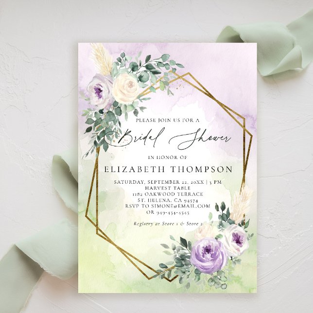 Convite Chá de panela Geométrico Lavanda Russo Boho (purple lavender lilac bridal shower brunch invitation watercolor rustic elegant boho chic geometric)
