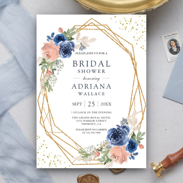 Convite Chá de panela Geométrico marinho Blue Blush Pink R (Criador carregado)