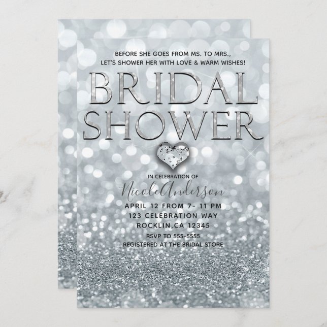 Convite Chá de panela Glam Bokeh Glitter White Silver (Frente/Verso)