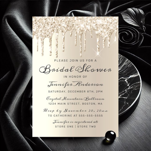 Convite Chá de panela Glitter de Coleta Chic Champagne (Chic Ivory Champagne Dripping Glitter Bridal Shower Invitation)