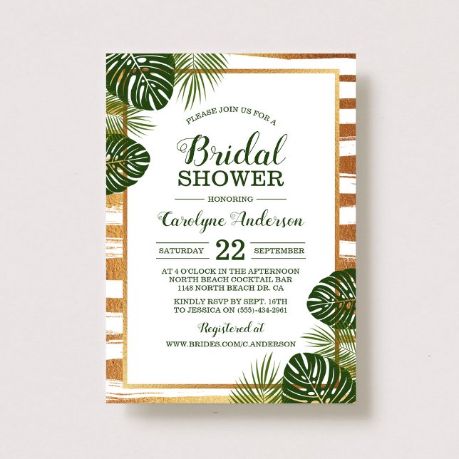 Convite Chá de panela Gold Foil & Green Palm Leaf Beach (Criador carregado)