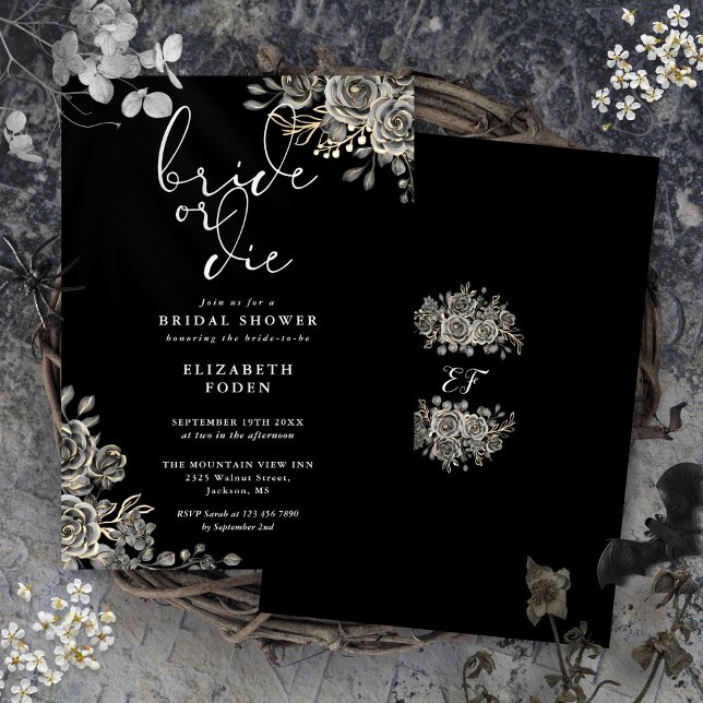 Convite Chá de panela Gótico Branco Ou Preto Ou Morto (Bride Or Die Black And White Gothic Bridal Shower Invitation)