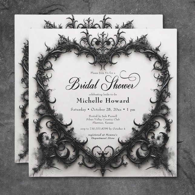Convite Chá de panela Gótico de Coração Preto e Branco (Gothic Black & White Filigree Heart Bridal Shower Invitation)