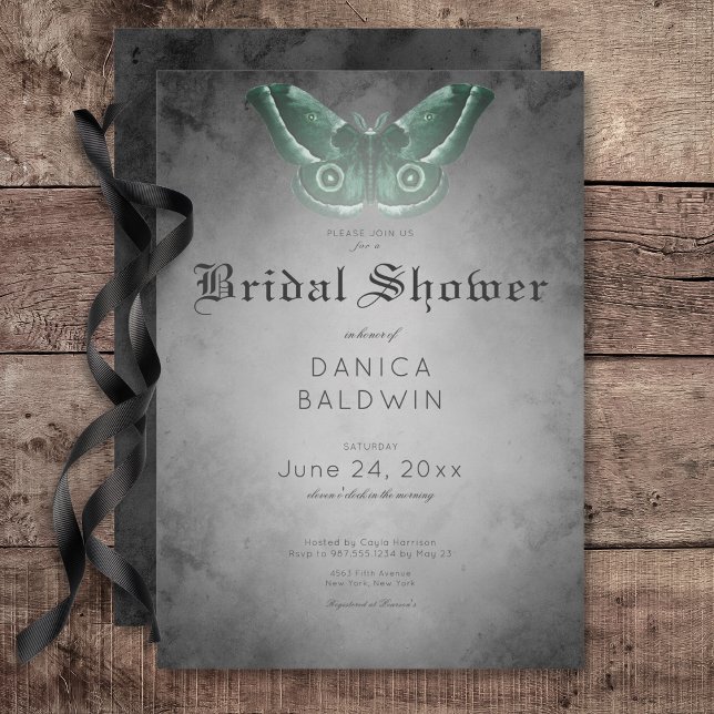 Convite Chá de panela Gótico de Lama Negra Verde (Gothic Black Watercolor Green Moth Bridal Shower Invitation)