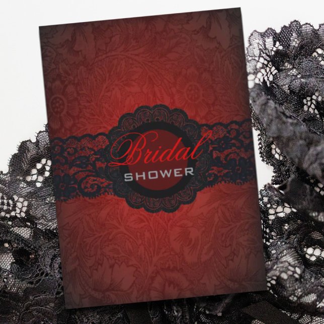 Convite Chá de panela Gótico de rendas Pretas Vermelhas (Red Black Lace Gothic Bridal Shower Invitation)