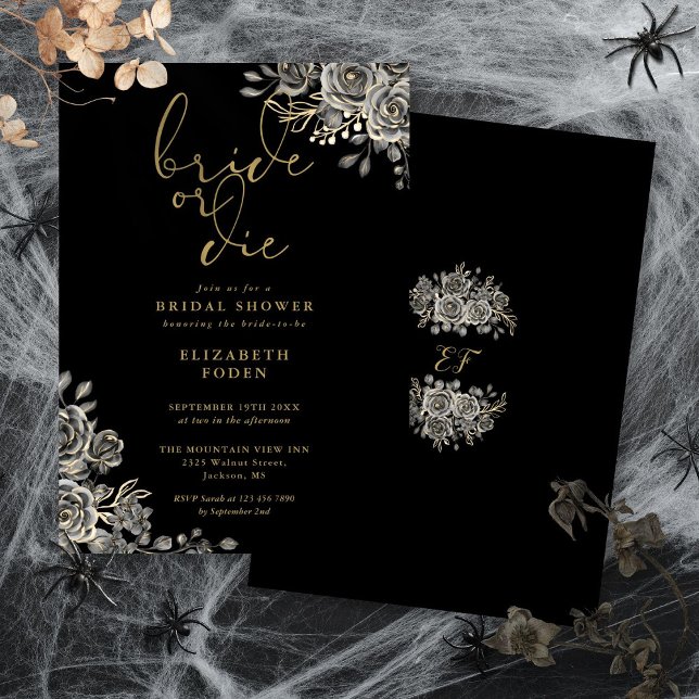 Convite Chá de panela Gótico Dourado Ou Preto Morto (Bride Or Die Black And Gold Gothic Bridal Shower Invitation)