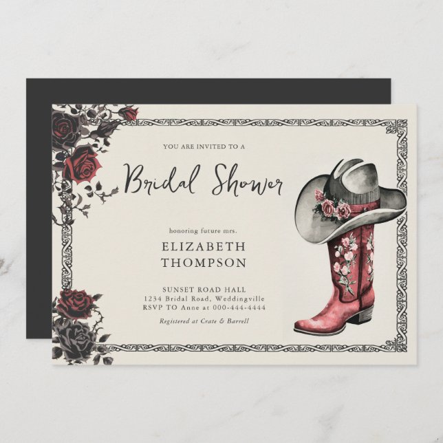 Convite Chá de panela Gótico escuro Moody Western Black Ro (Frente/Verso)