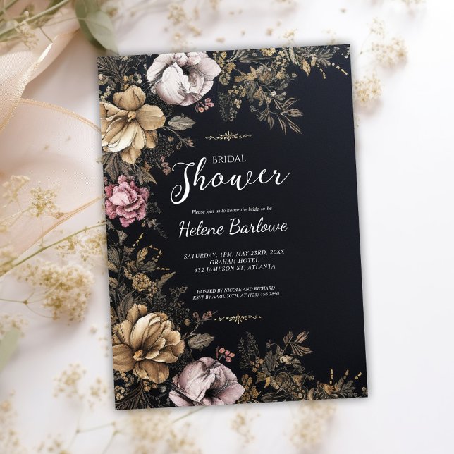 Convite Chá de panela Gótico Floral Escuro (Dark Moody Floral Gothic Bridal Shower Invitation)