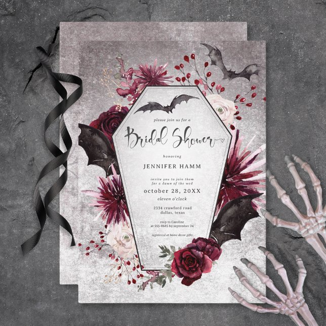 Convite Chá de panela Gótico Negro e Borgonha Spooky (Gothic Black & Burgundy Spooky Bridal Shower Invitation)