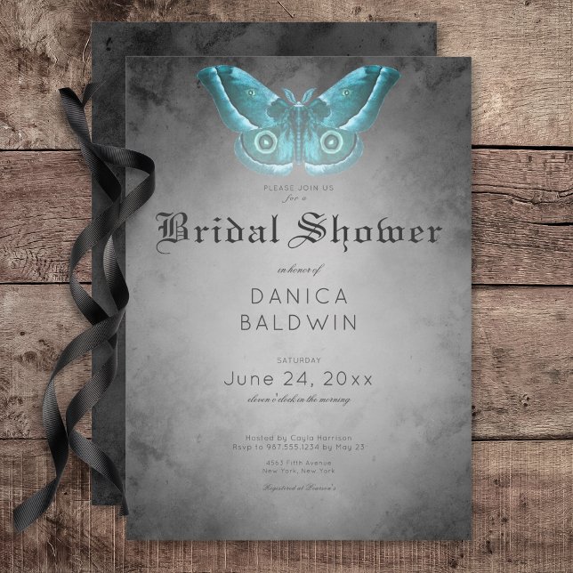 Convite Chá de panela Gótico Preto-Aquarela Teal Moth (Gothic Black Watercolor Teal Moth Bridal Shower Invitation)