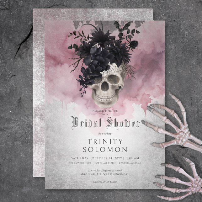 Convite Chá de panela Gótico Preto e Borgonha Floral (Gothic Black & Burgundy Floral Skull Bridal Shower Invitation)