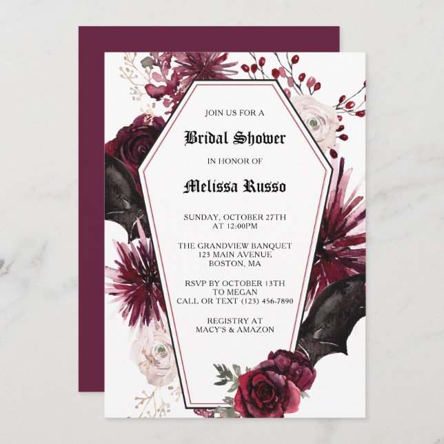 Convite Chá de panela Gótico-Rosa Coffin Branco Elegante (Frente/Verso)