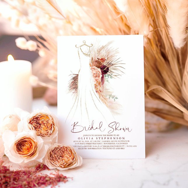 Convite Chá de panela Gown Terracotta de Casamento Grass d (Terracotta Floral Dress Bridal Shower Invitations for Boho Party)