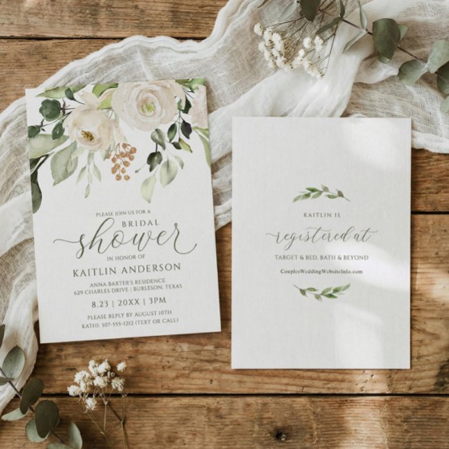 Convite Chá de panela Greenerage Foliage White Watercolor (Elegant bridal shower invitations in white watercolor flowers and greenery with registry on back.)