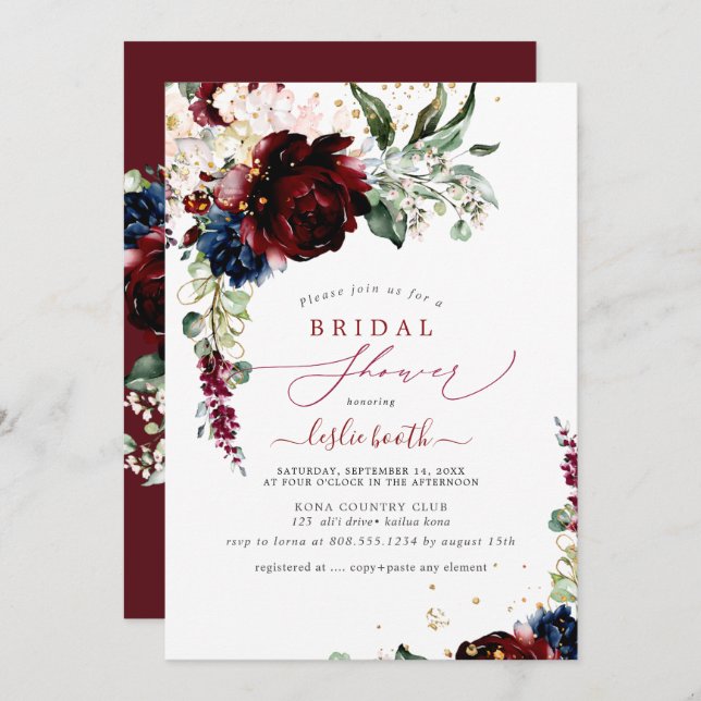 Convite Chá de panela H2 Peonies Marinho Blush Burgundy (Frente/Verso)