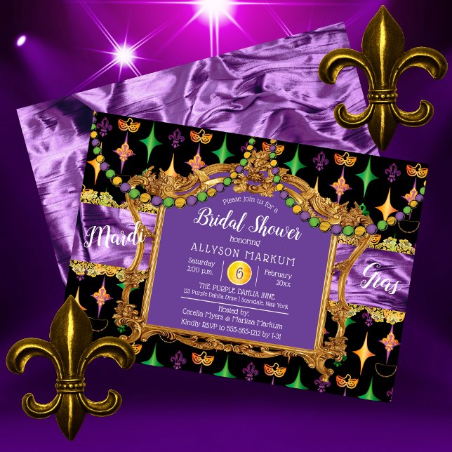 Convite Chá de panela Harlequins Fleur de Lis Mardi Gras (Harlequins Fleur de Lis Mardi Gras Bridal Shower Invitation)