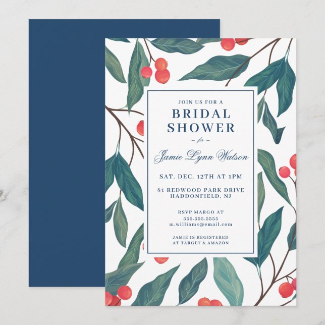 Convite Chá de panela | Holiday Holly & Berries (Frente/Verso)