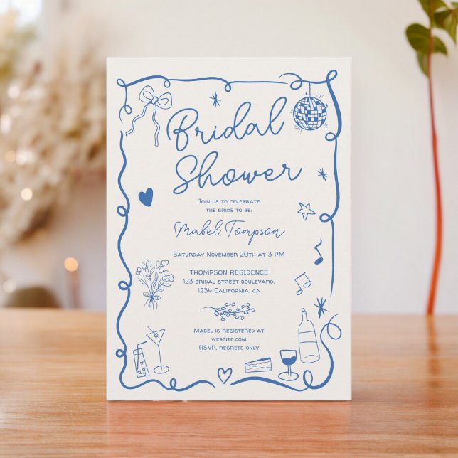 Convite Chá de panela ilustrado desenhado com a mão azul r (Retro blue hand drawn illustrated bridal shower invitation)