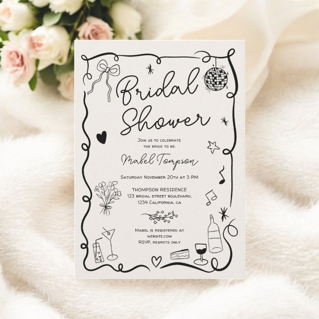 Convite Chá de panela ilustrado desenhado com a mão preta (Retro black hand drawn illustrated bridal shower invitation)