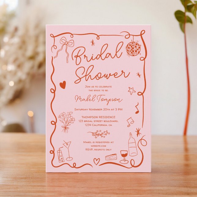 Convite Chá de panela ilustrado retrorado, cor-de-rosa, de (Retro pink red hand drawn illustrated bridal shower invitation)