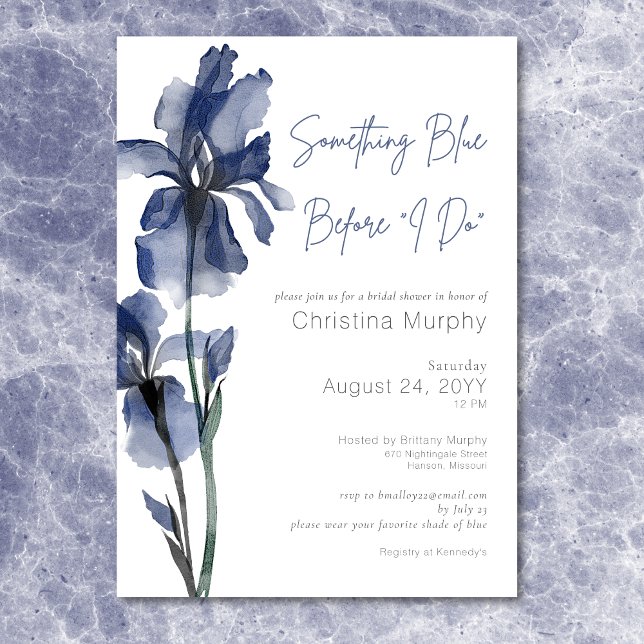 Convite Chá de panela Íris Azul Moderno (Modern Something Blue Iris Bridal Shower Invitation)