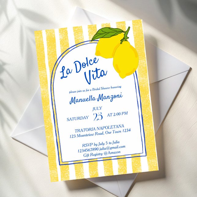 Convite Chá de panela italiano Dolce vita yellow Lemons (Dolce vita yellow stripes Lemons Italian bridal shower Invitation template instant download)