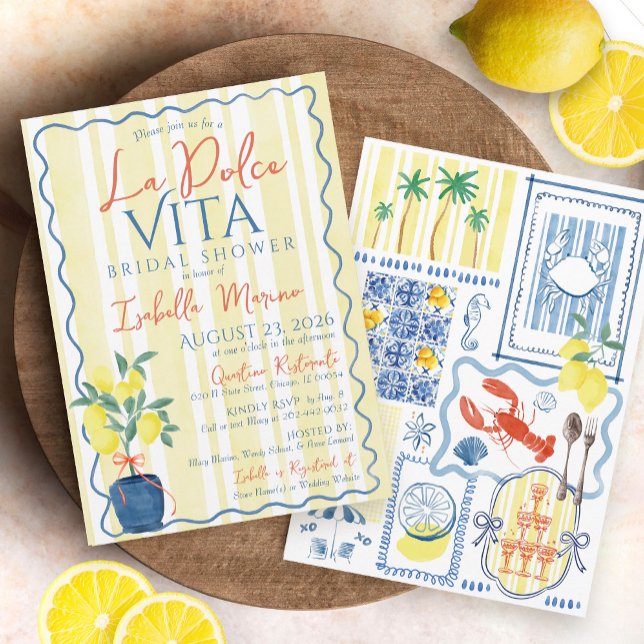 Convite Chá de panela italiano Lemon Blue La Dolce Vita (Vintage Italian La Dolce Vita lemons bows coastal chic seaside mediterranean tiles bridal shower)
