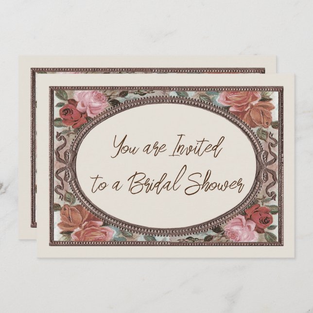 Convite Chá de panela Ivory Vintage Rosas (Frente/Verso)