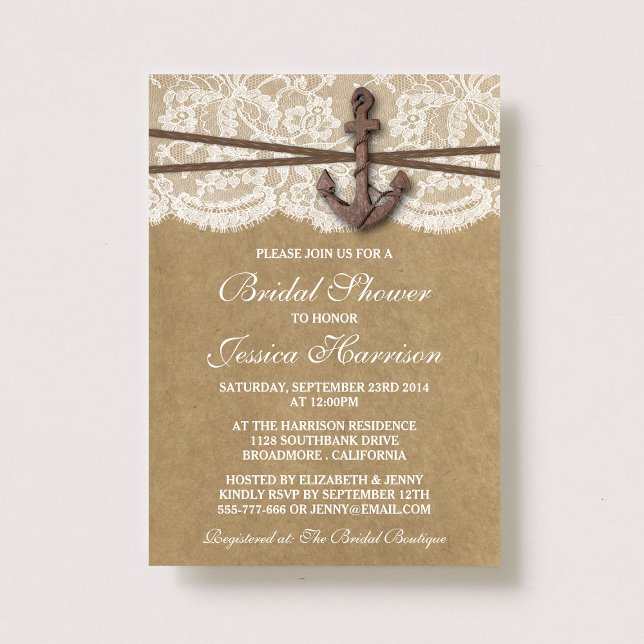 Convite Chá de panela Kraft, Lace e Anchor de Praia Náutic (Criador carregado)
