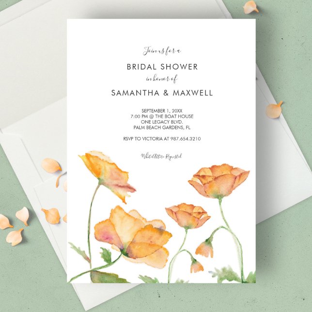 Convite Chá de panela Laranja Floral Aquarela (Bridal shower invitations watercolor orange poppy flowers by Victoria Grigaliunas Do Tell A Belle)