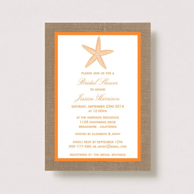 Convite Chá de panela Laranja Starfish Beach Burlap (Criador carregado)