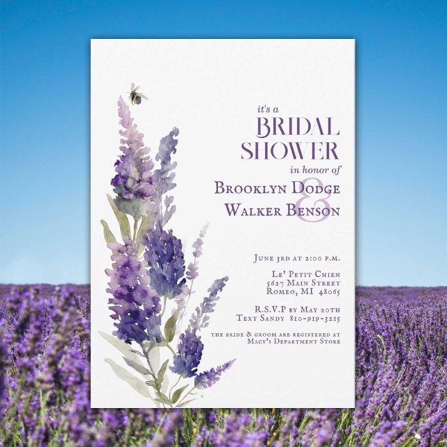 Convite Chá de panela Lavanda Botânica Roxo Floral (Beautiful botanical shower invitation with watercolor lavender blooms. Editable for any occasion.)