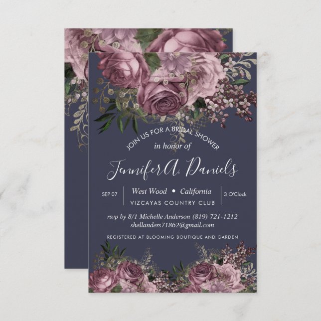 Convite Chá de panela lavanda de Rosas Florais Roxos (Frente/Verso)