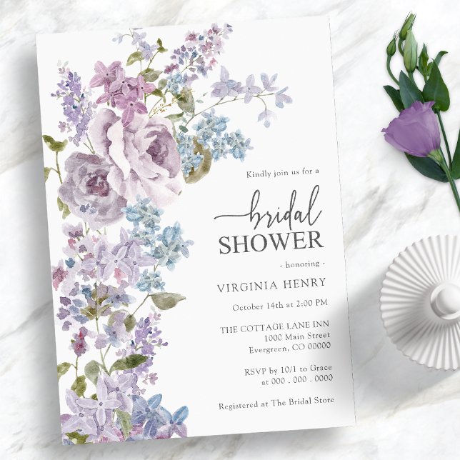 Convite Chá de panela Lilac Elegante (Elegant Watercolor Purple and Blue Roses and Lilac Bridal Shower Invitation)
